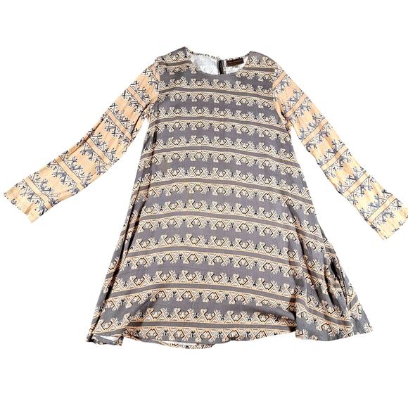 Bel Kazan Anthropologie Swing Dress Womens L Beige Black Boho Bali Rayon Tribal - Picture 1 of 6